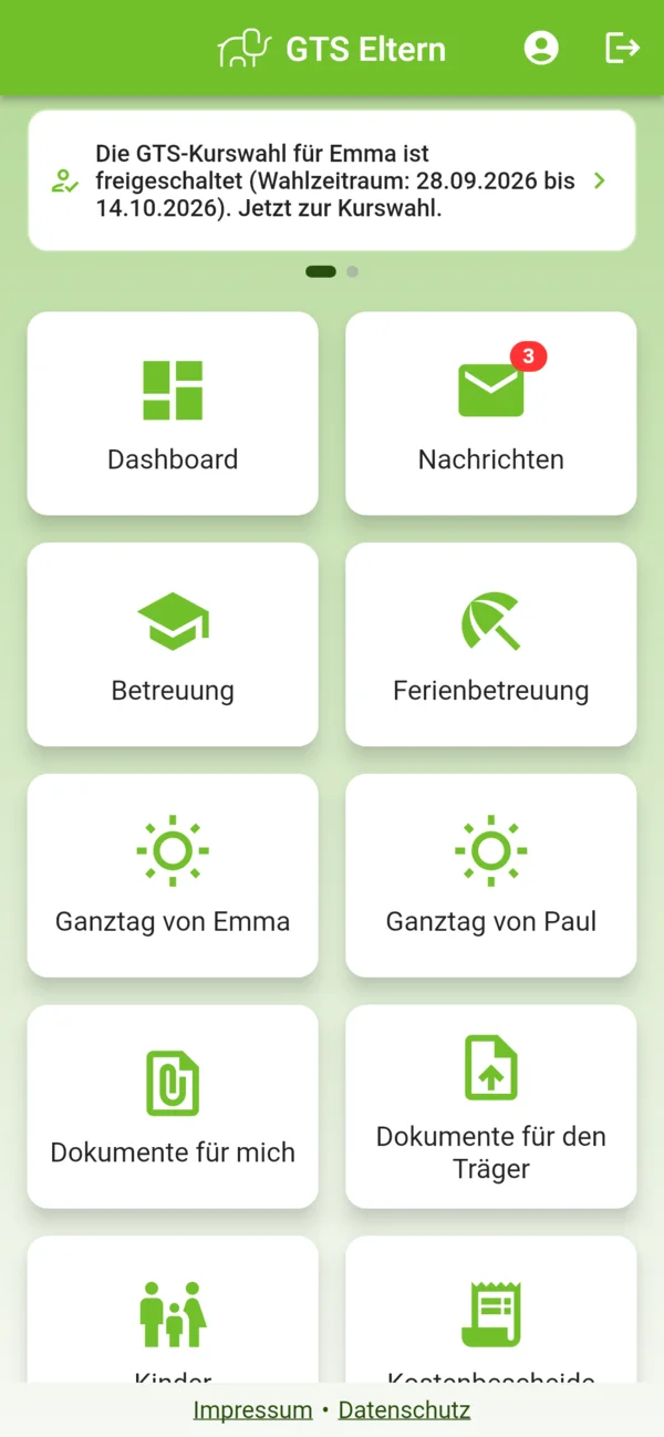 Startseite mit Hinweis zur Kurswahl und Kacheln für Dashboard, Nachrichten, Betreuung, Ferienbetreuung und Ganztag von Emma und Paul