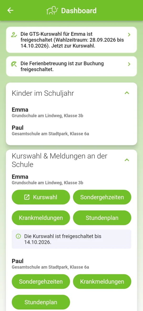 Dashboard mit Hinweisen, Kindern im Schuljahr und der Karte Kurswahl und Meldungen an der Schule
