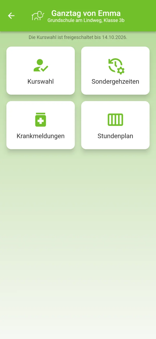 Seite Ganztag von Emma mit Kacheln für Kurswahl, Sondergehzeiten, Krankmeldungen und Stundenplan