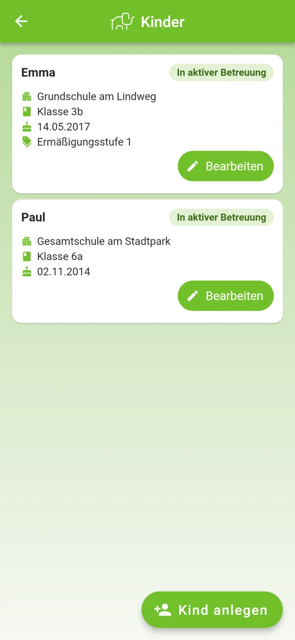 Kinder-Übersicht mit Emma und Paul, Schule, Klasse und Betreuungsstatus