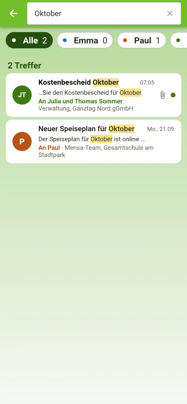 Suche nach Oktober mit zwei markierten Treffern
