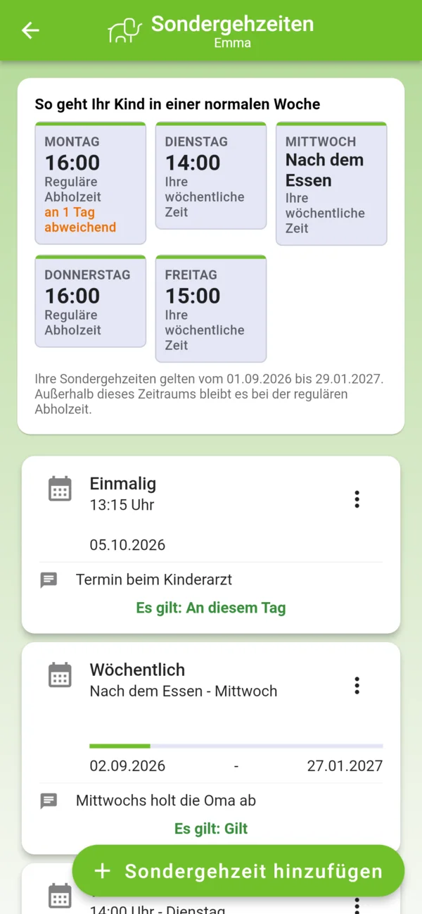 Sondergehzeiten von Emma: Wochenübersicht Montag bis Freitag, darunter eine einmalige Sondergehzeit und mittwochs nach dem Essen