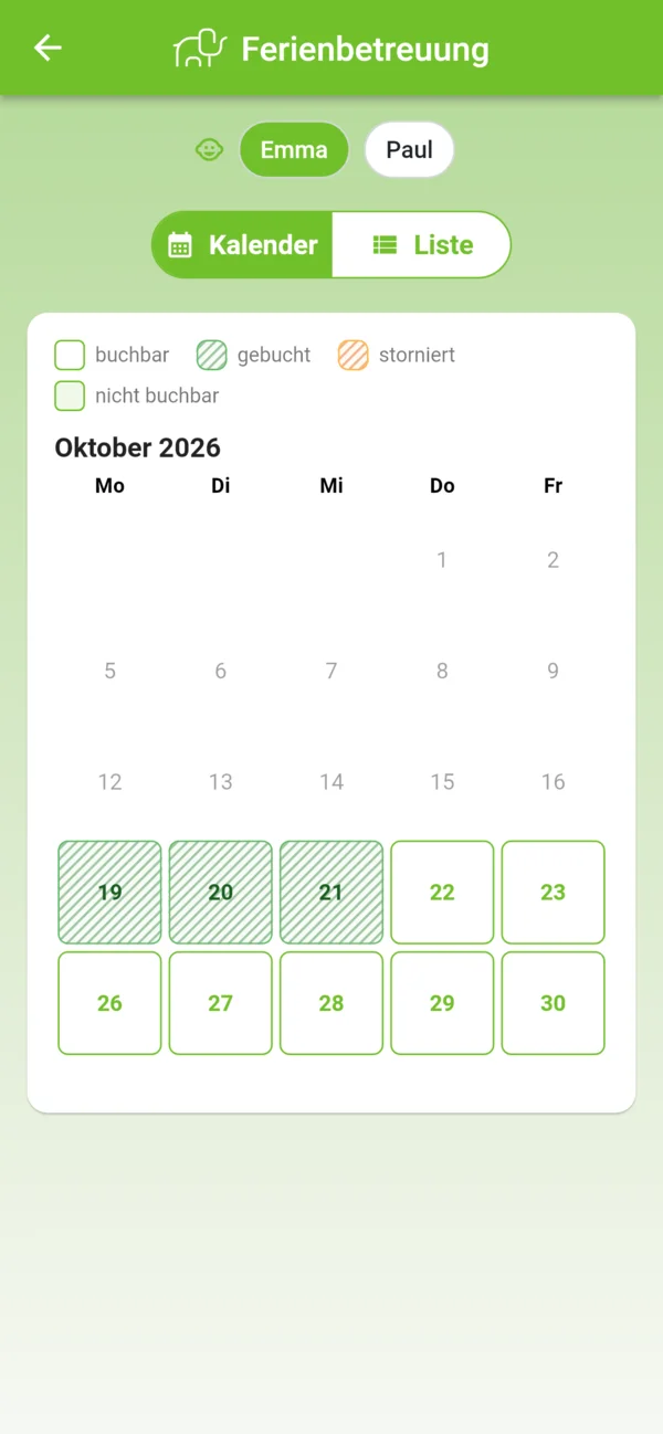 Ferienbetreuung im Kalender: Oktober 2026 mit drei gebuchten und weiteren buchbaren Tagen für Emma