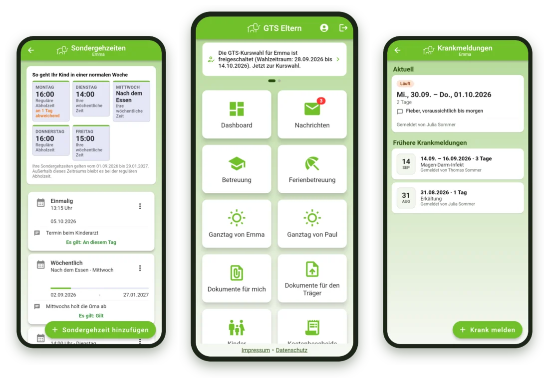 Die App GTS Eltern: Sondergehzeiten, Startseite und Krankmeldungen