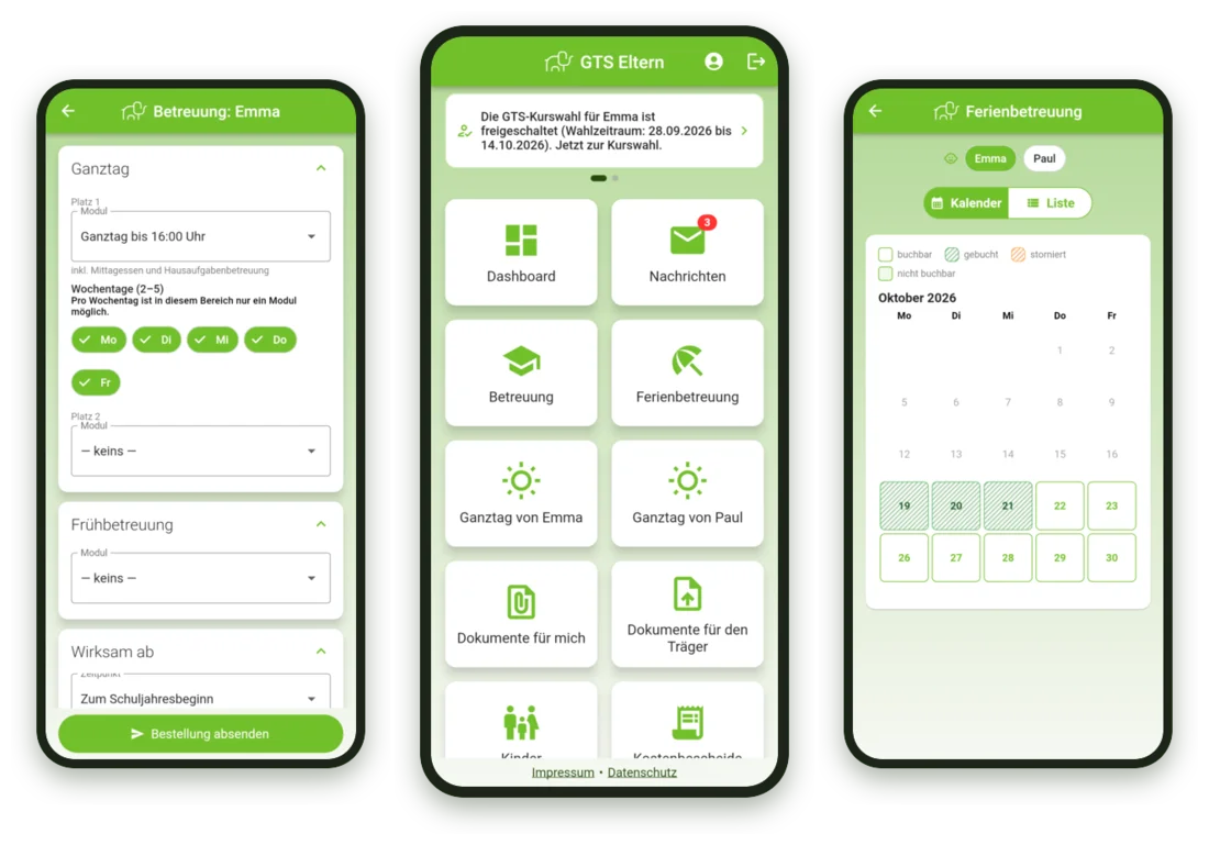 Die App GTS Eltern: Betreuung bestellen, Startseite und Ferienbetreuung