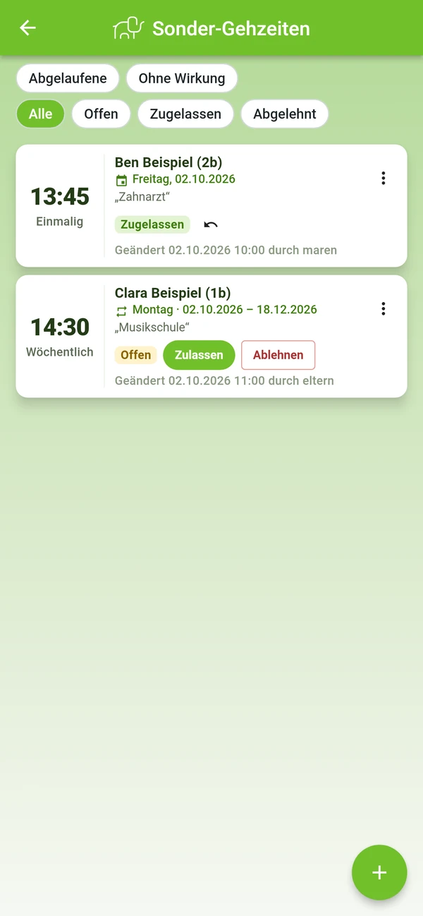 Sonder-Gehzeiten mit Filtern: eine zugelassene einmalige Gehzeit um 13:45 Uhr für Ben Beispiel und eine offene wöchentliche um 14:30 Uhr für Clara Beispiel mit den Schaltflächen Zulassen und Ablehnen
