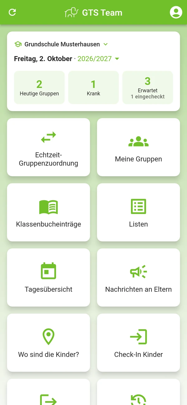 Startseite der App GTS Team mit heutigen Gruppen, krank gemeldeten und erwarteten Kindern