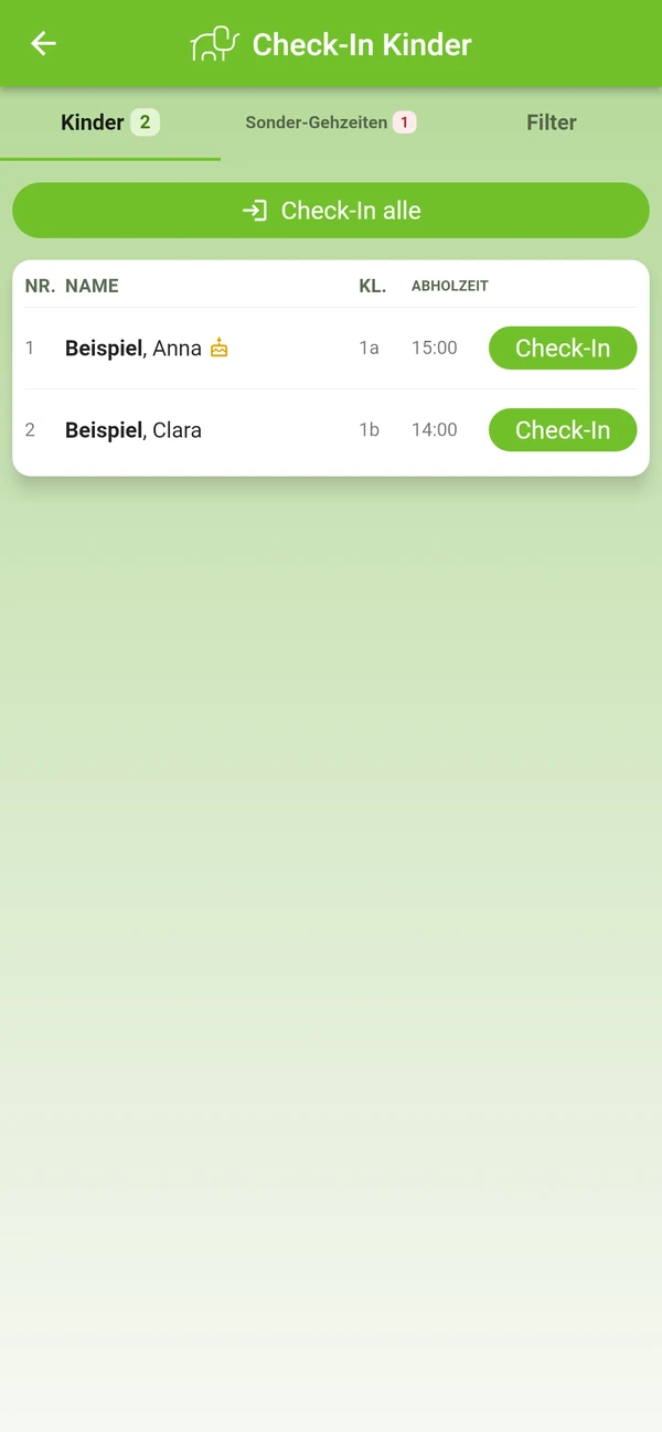 Check-in in der App GTS Team: Liste der Kinder mit Schaltfläche zum Einchecken