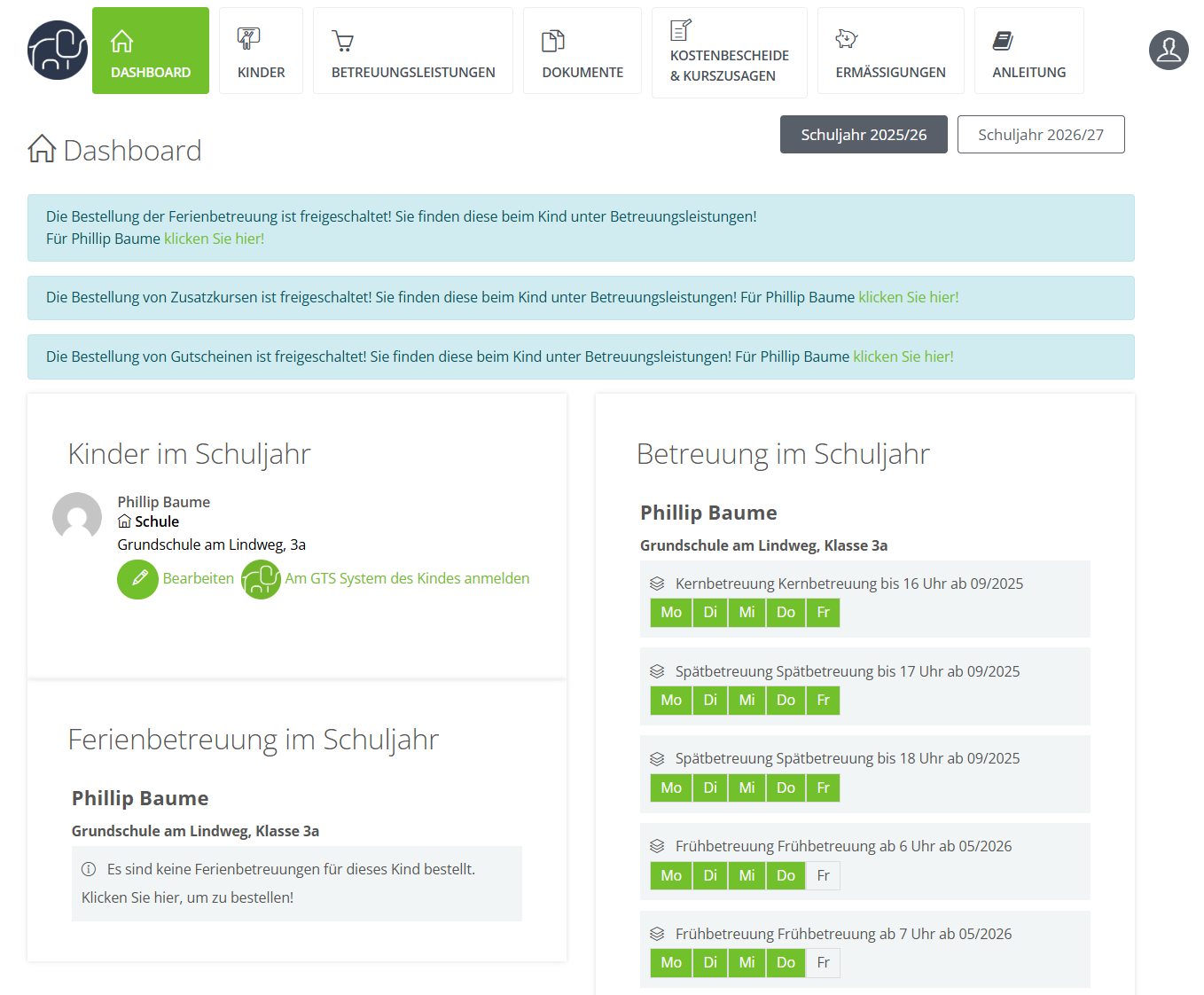 Dashboard des Elternportals mit Kindern, Betreuung und Ferienbetreuung im Schuljahr
