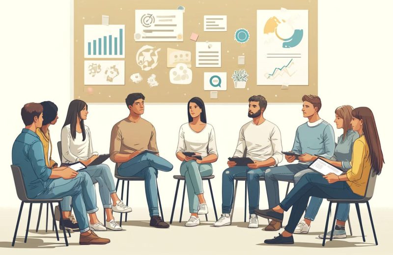 Illustration: eine Gruppe im Stuhlkreis bespricht Verbesserungsvorschläge